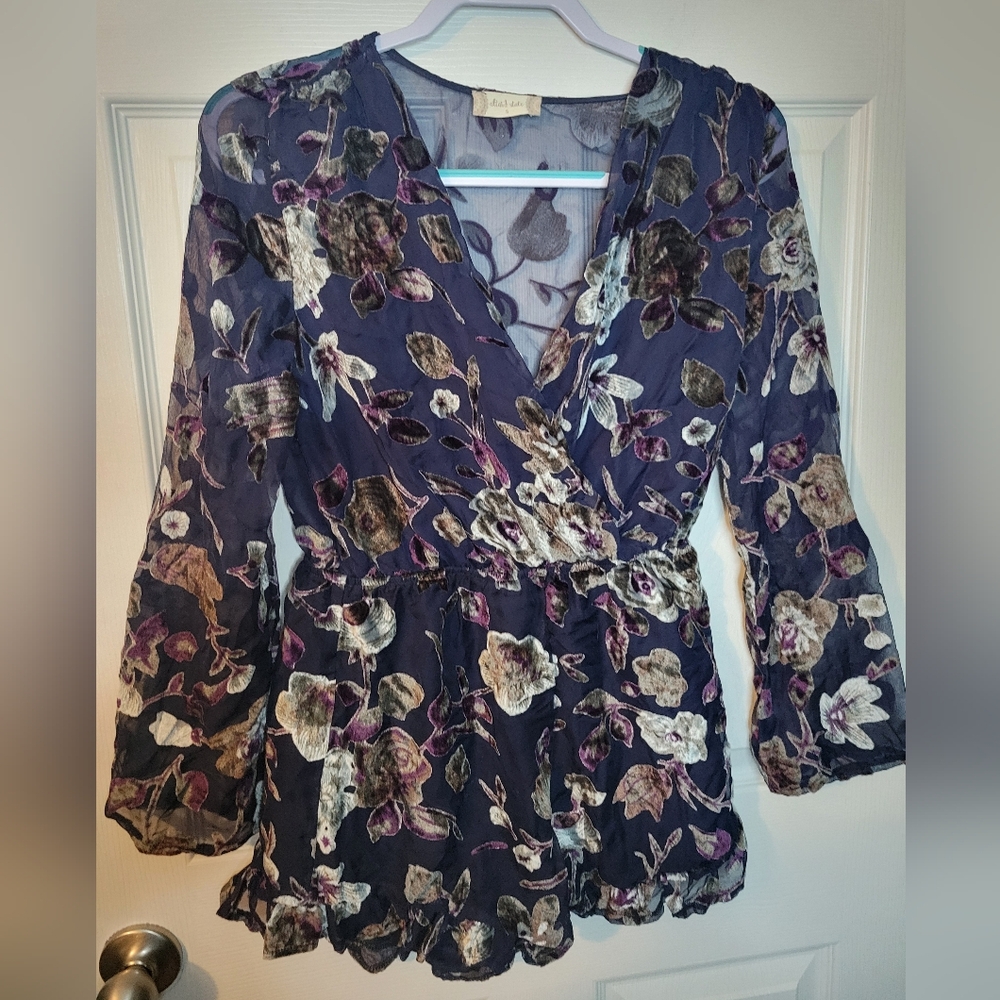 Altered State Small Romper Blue Navy Floral Long Sleeve
